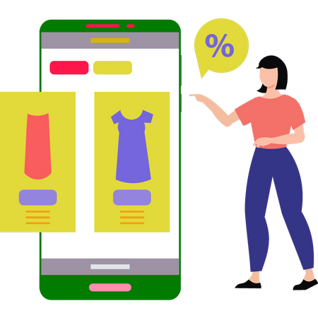 Fille faisant du shopping en ligne à prix réduit sur mobile  Illustration