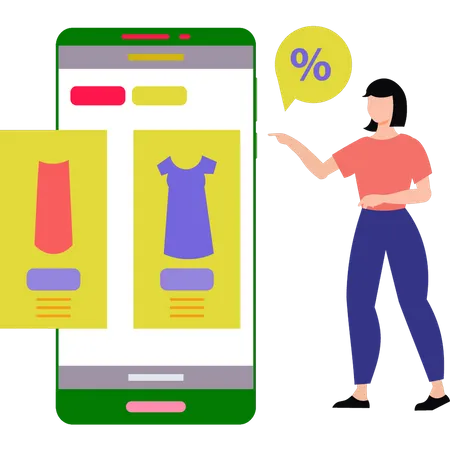 Fille faisant du shopping en ligne à prix réduit sur mobile  Illustration