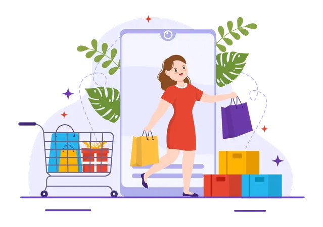 Fille faisant du shopping sur téléphone mobile  Illustration