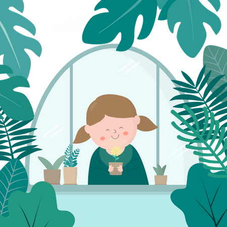 Fille souriante à l'intérieur du jardin botanique  Illustration