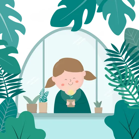 Fille souriante à l'intérieur du jardin botanique  Illustration