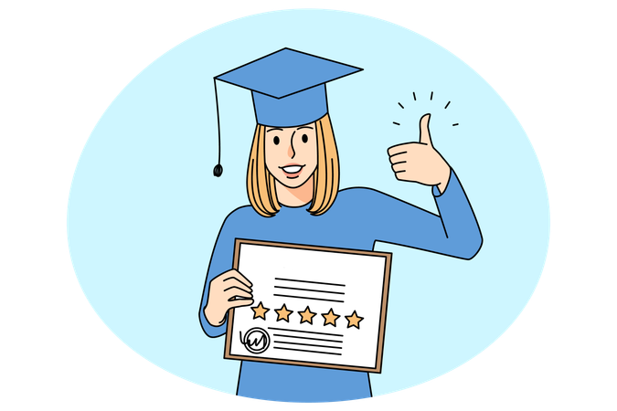Une fille souriante avec un diplôme montre son pouce vers le haut  Illustration