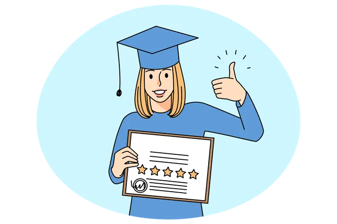 Une fille souriante avec un diplôme montre son pouce vers le haut  Illustration