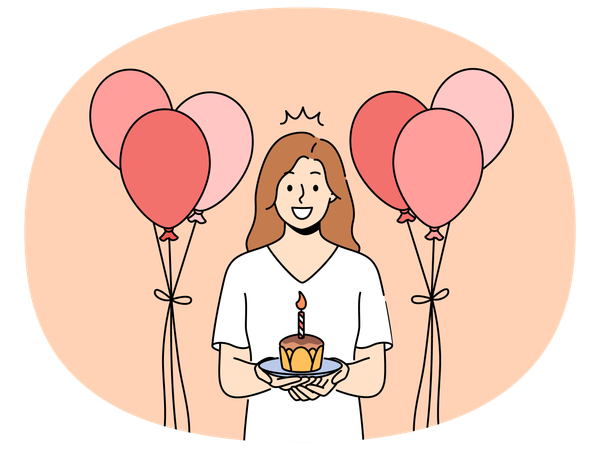 Une fille souriante avec un gâteau d'anniversaire célèbre son anniversaire  Illustration