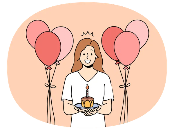 Une fille souriante avec un gâteau d'anniversaire célèbre son anniversaire  Illustration