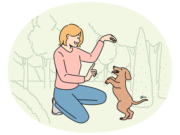 Fille souriante jouant avec un chien dans le parc  Illustration