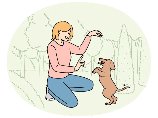 Fille souriante jouant avec un chien dans le parc  Illustration
