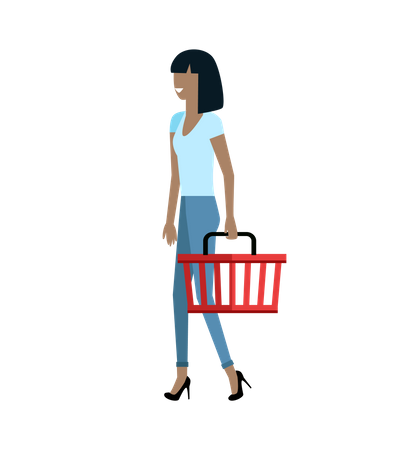 Fille souriante avec panier à la main marchant  Illustration