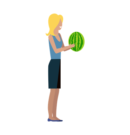 Fille souriante avec pastèque dans les mains debout  Illustration
