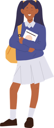 Heureuse étudiante souriante portant un uniforme tenant un sac à dos et un livre  Illustration
