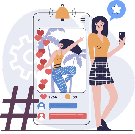 Fille diffusant en direct sur une application de médias sociaux  Illustration