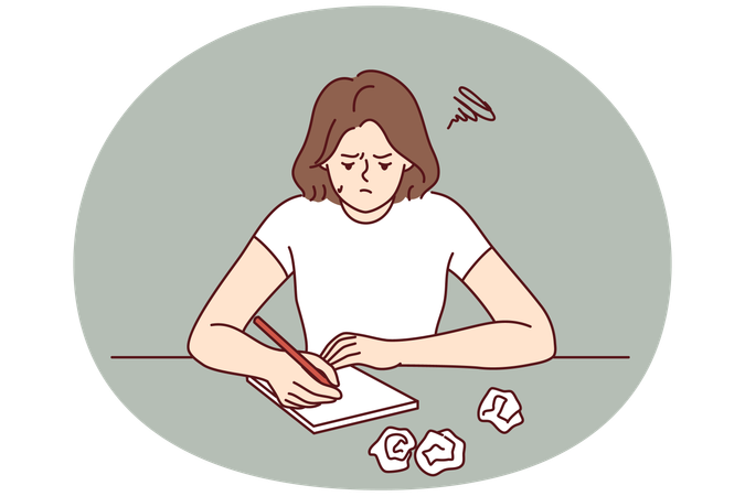 Une fille stressée assise à une table avec des papiers froissés rédige un essai pour l'admission à l'université  Illustration