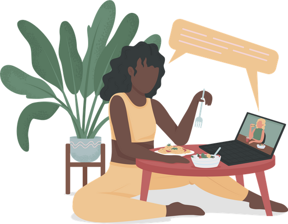 Fille lors d'un dîner virtuel avec un ami  Illustration