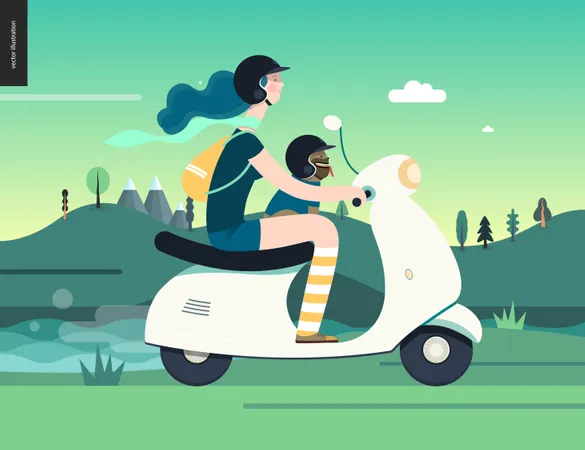 Fille sur un scooter  Illustration