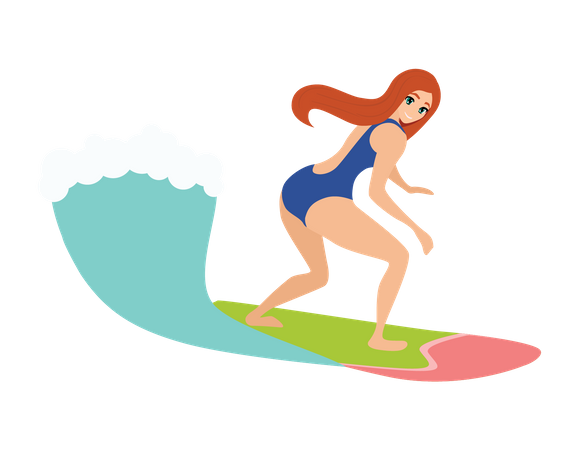 Fille surfant à la plage  Illustration