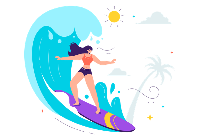 Fille surfeuse sur la plage  Illustration