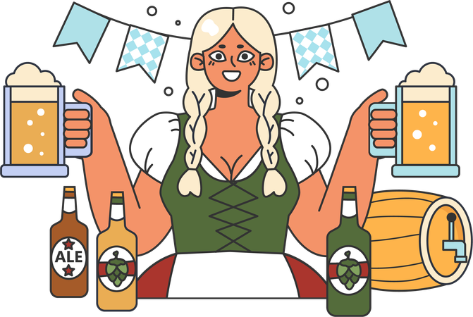 Fille tenant deux verres de bière  Illustration