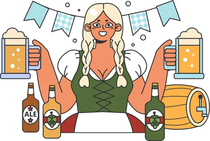 Fille tenant deux verres de bière  Illustration