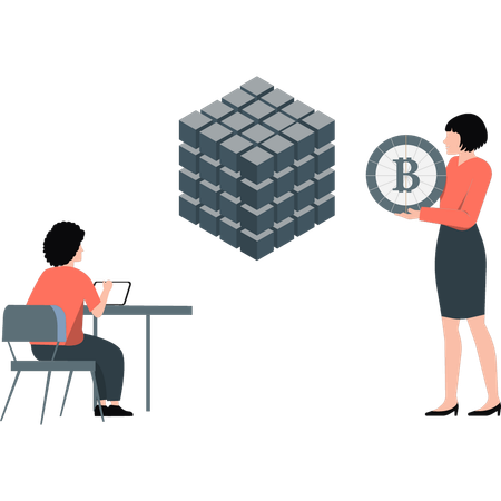 Fille tenant du bitcoin  Illustration