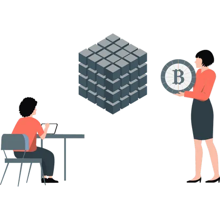 Fille tenant du bitcoin  Illustration