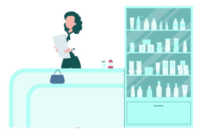 Fille tenant le papier en pharmacie  Illustration