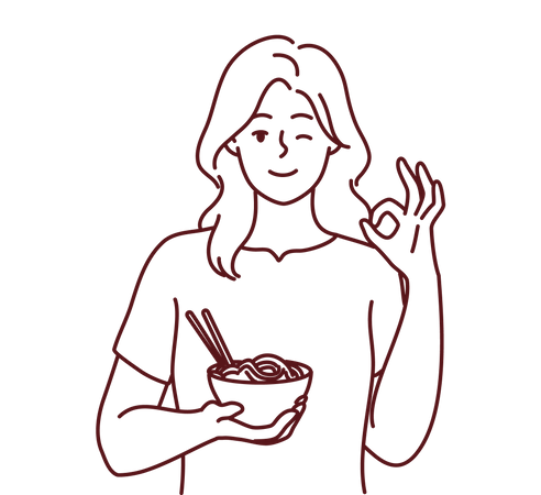Fille tenant un bol de nourriture et montrant un beau geste  Illustration