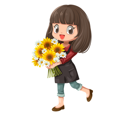 Fille tenant un bouquet de fleurs  Illustration