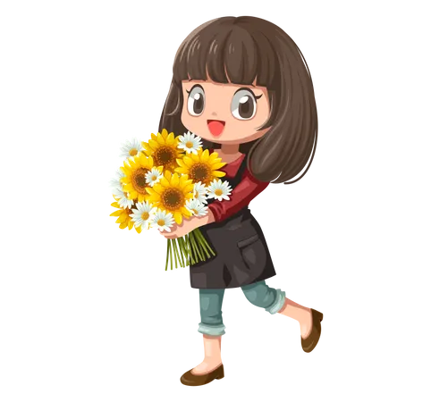 Fille tenant un bouquet de fleurs  Illustration