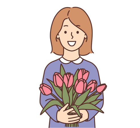 Fille tenant un bouquet de fleurs  Illustration