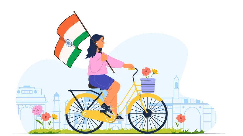 Fille tenant le drapeau indien en faisant du vélo le jour de l'indépendance  Illustration