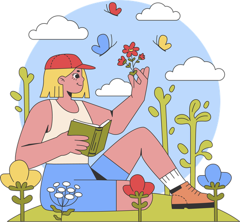 Fille tenant un livre tout en regardant une fleur  Illustration