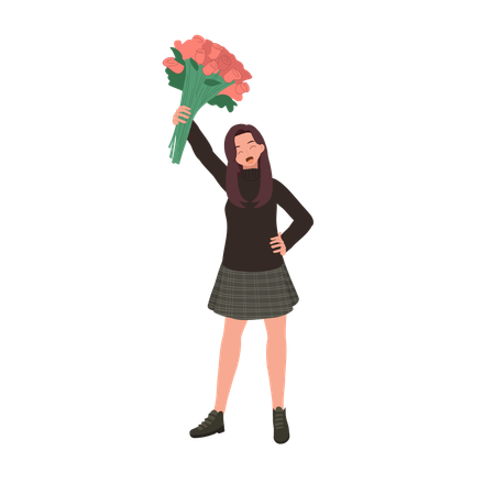 Fille tenant un beau bouquet de roses  Illustration