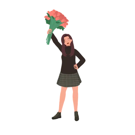 Fille tenant un beau bouquet de roses  Illustration