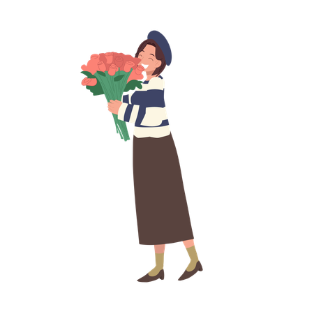 Fille tenant un beau bouquet de roses  Illustration