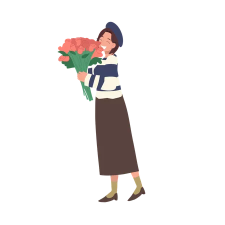 Fille tenant un beau bouquet de roses  Illustration