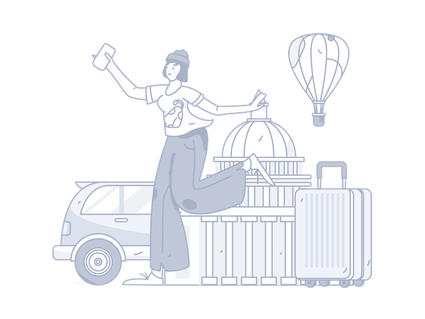 Fille tenant un mobile et partant en voyage  Illustration