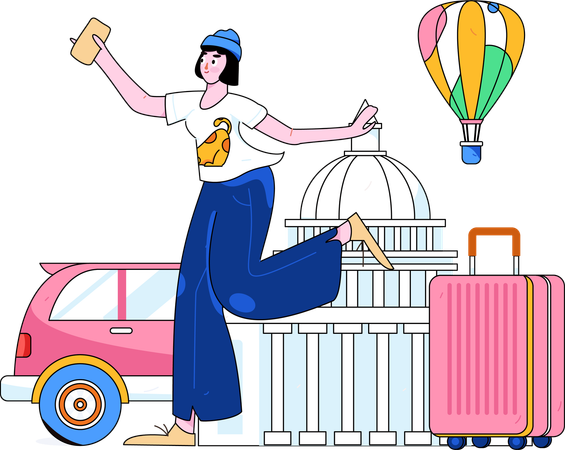 Fille tenant un mobile et partant en voyage  Illustration