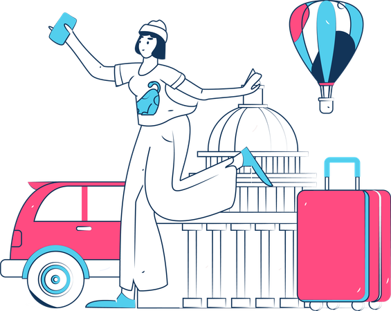 Fille tenant un mobile et partant en voyage  Illustration