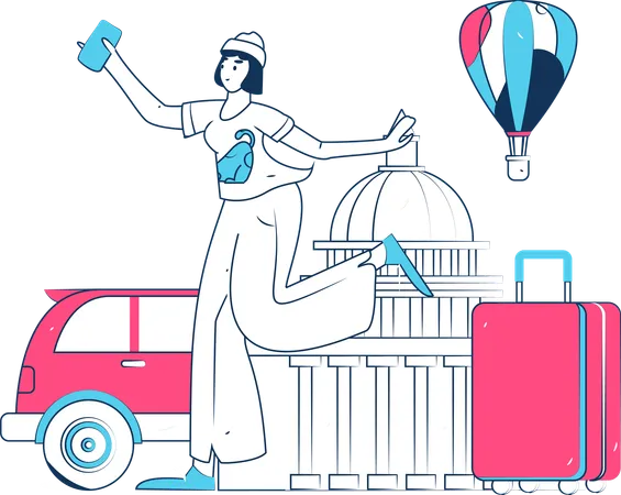 Fille tenant un mobile et partant en voyage  Illustration