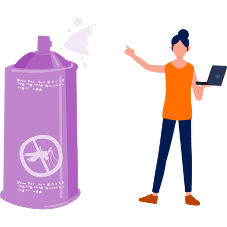 Fille tenant un ordinateur portable et introduisant un spray de pesticides  Illustration