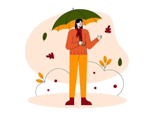 Fille tenant un parapluie en vêtements d'automne  Illustration