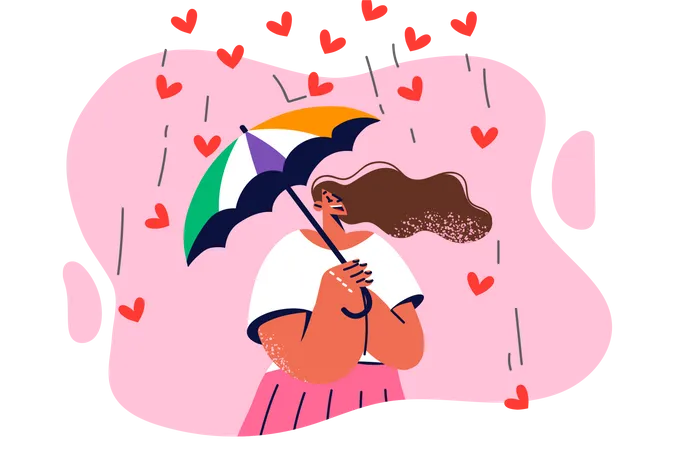 Fille tenant un parapluie et profitant de la pluie d'amour  Illustration