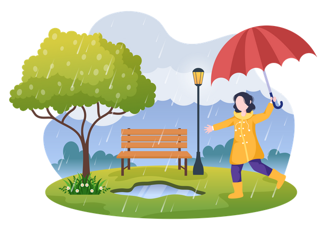 Fille tenant un parapluie marchant dans le parc  Illustration