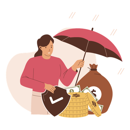 Fille tenant un parapluie pour la protection financière  Illustration