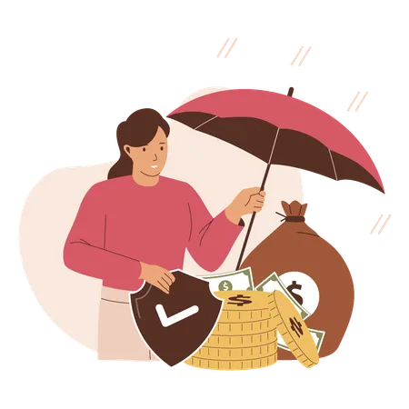 Fille tenant un parapluie pour la protection financière  Illustration