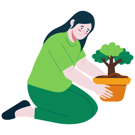 Fille tenant un pot de plante  Illustration