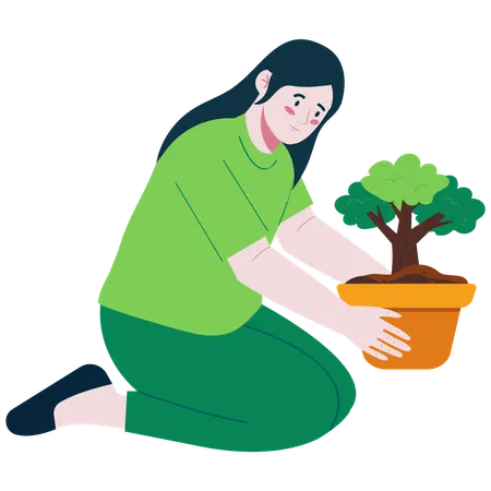Fille tenant un pot de plante  Illustration