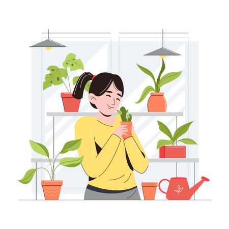 Fille tenant un pot de plante  Illustration