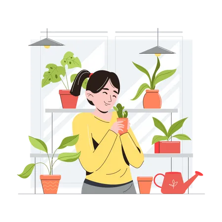 Fille tenant un pot de plante  Illustration