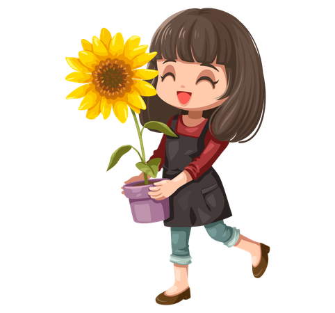 Fille tenant un pot de tournesol  Illustration